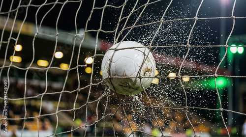 A white soccer ball impacts the netting of a goal during a match, with water droplets flying off the surface in a stadium setting.