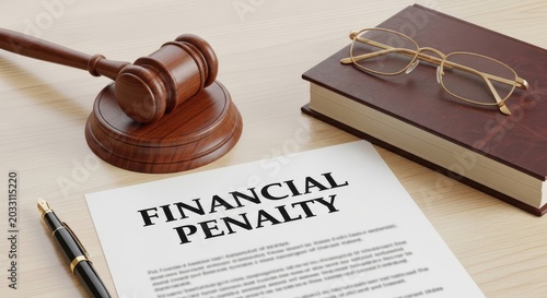 Financial penalty legal document on desk, wooden judge gavel and law book, court fine and corporate litigation concept
