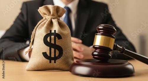 Legal gavel and money bag with dollar sign on judge desk, financial litigation and court settlement concept, lawyer in suit background