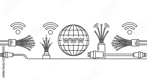 Photos Line art illustration of global internet connectivity with fiber optic cables and wireless signals