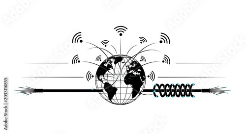 Foto Global communication network illustration featuring a globe with wireless signals and fiber optic cables