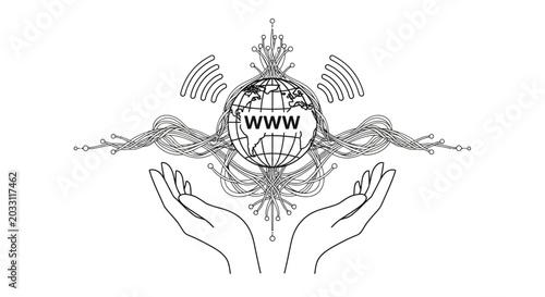 Tableau sur toile Line art illustration of a globe with WWW text held by two human hands