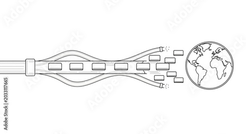 Slika na platnu A line art illustration of a data cable transmitting information to the globe