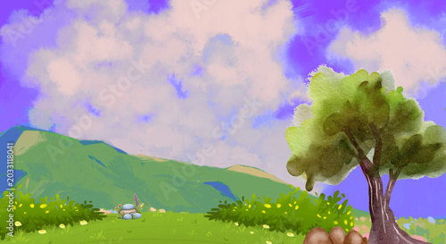 Dreamy digital painting of a vibrant mountain landscape, featuring lush green hills, a tree, and flowers under a whimsical purple and cloudy sky.