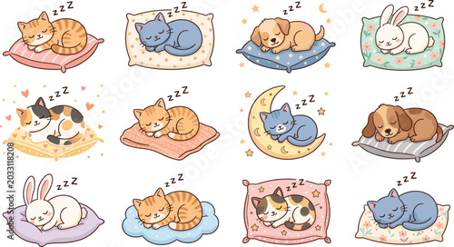 Tableau sur toile Cartoon sleeping pets set, cute kittens, puppies and rabbits sleeping on pillows
