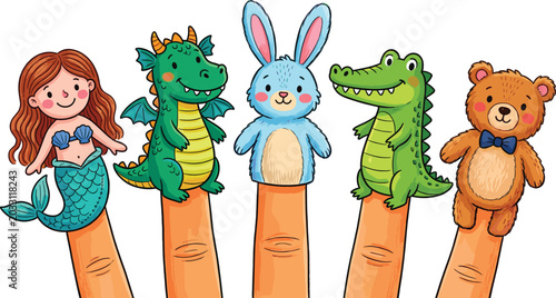 Cuadro en lienzo Cartoon cute finger puppets set, funny toys mermaid dragon bunny crocodile and t