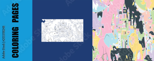 Canvas Print Jungle animal kingdom coloring page with castle and exotic wildlife scene