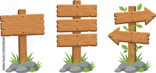 Cartoon blank wooden signs set, empty direction boards with grass and stones isolated on white background