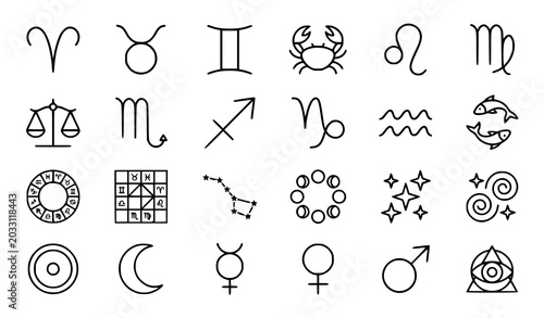 Foto Zodiac Horoscope Outline Icons Collection with Astrology Signs Vector Set