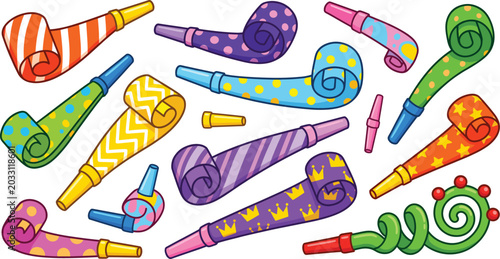Photos Colorful party blowers and noisemakers set, cartoon vector illustration for birt