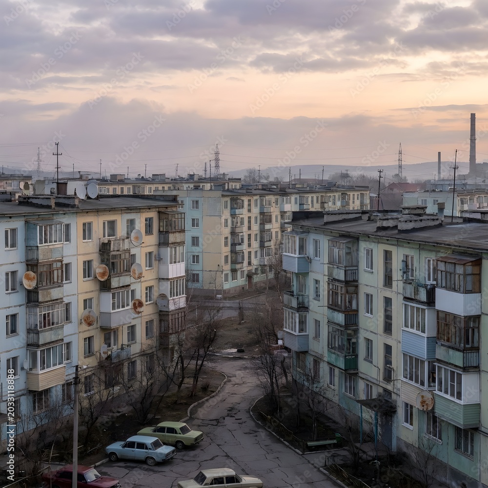 Obraz premium Soviet-era panel apartment buildings at dawn, overcast sky, urban landscape with cars and distant industrial chimney