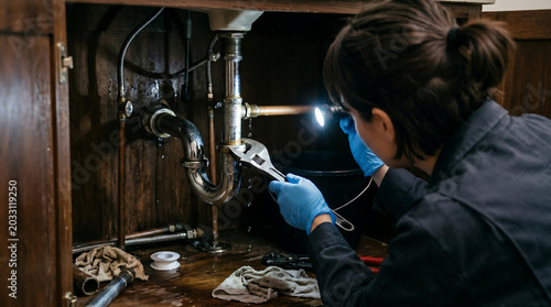 Plumber fixing leaking pipe under sink with wrench and flashlight during home water damage repair and plumbing maintenance service