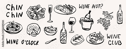 Line art doodle wine party elements set