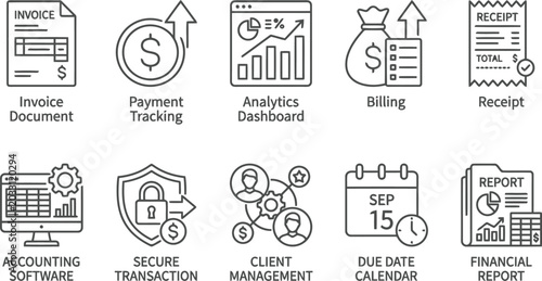 Business finance icons set: invoice, payment, analytics, billing, receipt, accounting, security, client, calendar, report