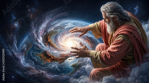 Supreme universal creator: God manifest, cosmic earth, spiritual creation, divine genesis, planet form, holy construct, sacred concept, celestial power, world origin, ethereal design.