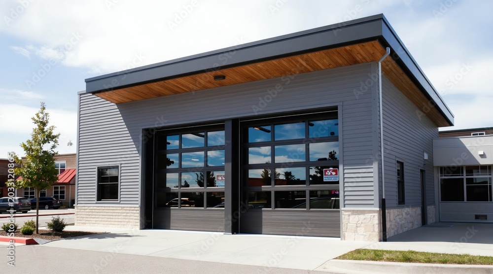 Fototapeta premium Modern fire station with gray fiber cement siding and large glass garage doors. Building has clean lines and wood accent under eaves. Situated in suburban area with trees and cars nearby.