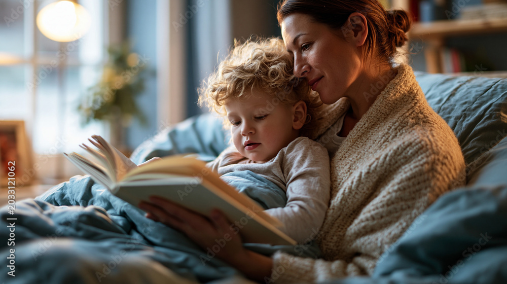 Fototapeta premium A European mother viewed from the side reads softly with a child on a bright cozy nursery bed during a calm bedtime story moment in soft daylight bedtime story faceless side