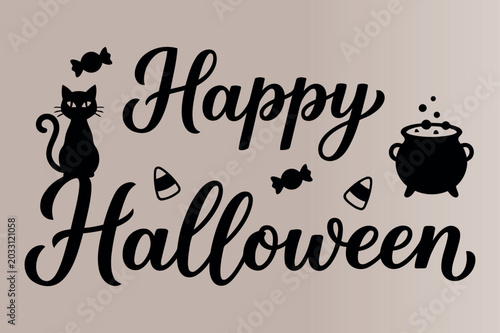 Fotografie Halloween silhouettes with black cat cauldron and candy corn