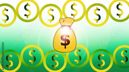 Money bag with dollar signs on green background animation