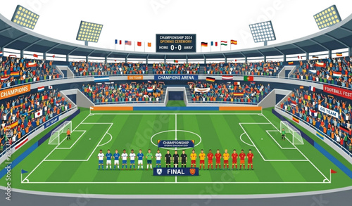 Photos Realistic vector illustration of a professional football stadium with teams at c