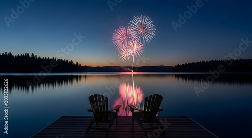 Two wooden chairs on a dock overlooking a lake with fireworks display at night