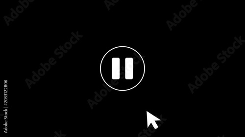 Mouse cursor clicking play button to pause in circle icon animation, minimalist white media player user interface controller on black background 4k video animation.