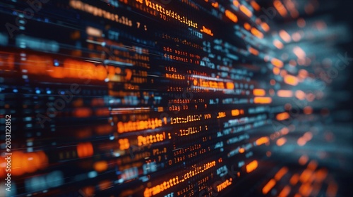 Digital computer code scrolling on screen. Abstract data stream with glowing orange programming language. Information technology background for software development and cyber security concept.