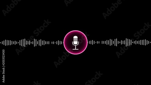 Glowing neon microphone icon with moving audio waveform spectrum on black background, digital sound frequency equalizer bars for podcast and music recording 4k loop.