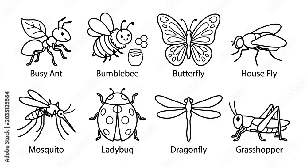 Obraz premium ant, bee, butterfly, dragonfly, fly, insect, ladybug, caterpillar, vector illustration, line art, black and white, monochrome, drawing, sketch, outline, bug, arthropod, creature, wildlife, nature, ani