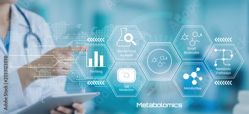 Fotografie Medical professional analyzing digital metabolomics data with biochemical profil