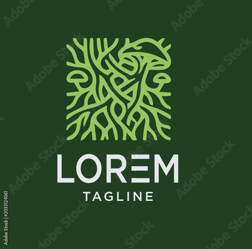 Intricate Green Forest Mushroom Roots Logo