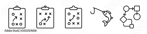 Set of business strategy, planning, fishing and flowchart icons vector illustration of sports tactics, goal setting and process diagram