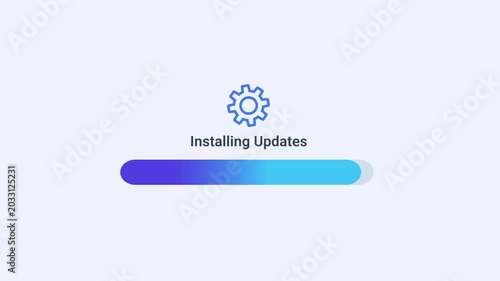 Minimal software update installation animation with settings icon and gradient progress bar, showing digital system maintenance workflow in a clean interface.