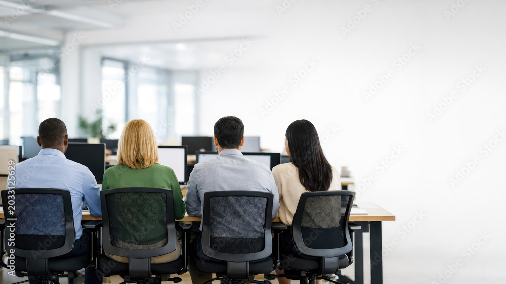 Fototapeta premium Four office workers sitting at desks in a row, seen from behind, working on computers in a bright, open-plan workspace with white walls