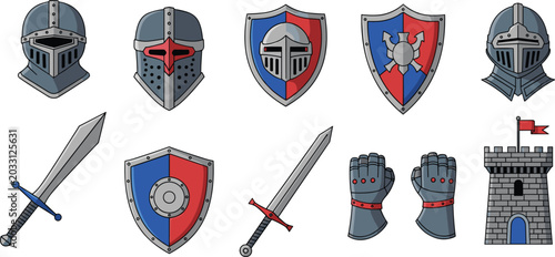 Fotografie Medieval Knight Armor Vector Icon Set with Helmets Shields Swords Gauntlets and