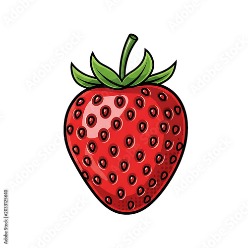 Detailed Red Strawberry With Green Leaves And Black Seeds On White Background