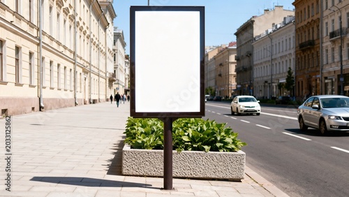Vertical blank glowing billboard on the city street in the background