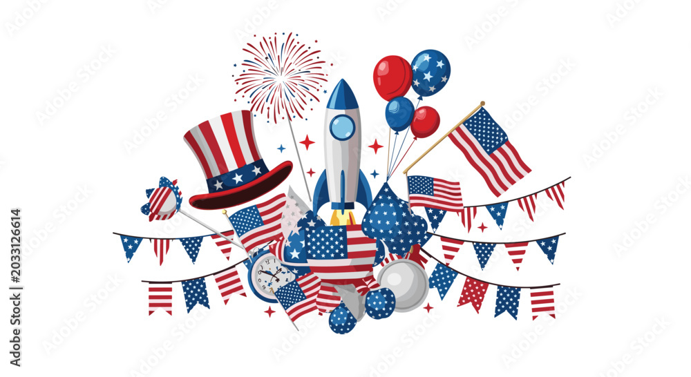 Fototapeta premium Patriotic celebration elements for USA Independence Day featuring American flags, rockets, and an Uncle Sam hat.
