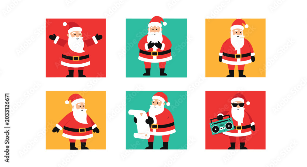 Fototapeta premium Six cute Santa Claus characters in different funny poses set against colorful squares for unique Christmas cards.