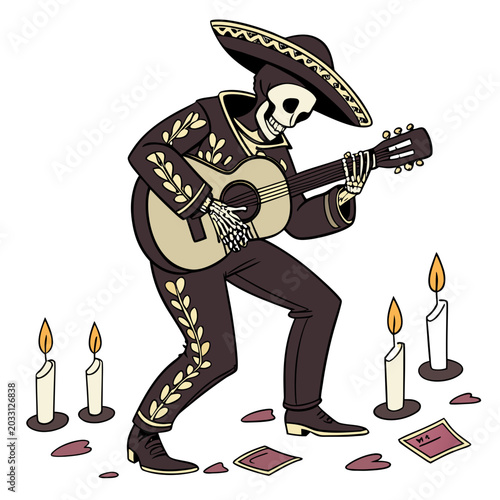 Slika na platnu Skeletal flamenco guitarist playing a six string guitar a detailed vector illust