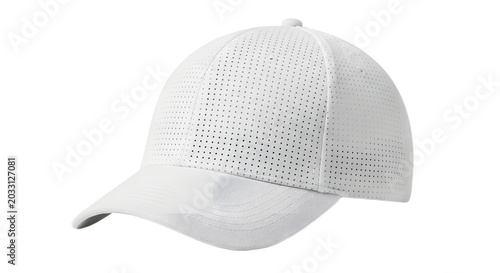 A white baseball cap is shown on a neutral background
