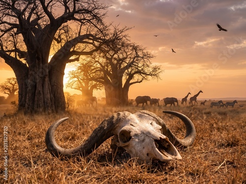 Dramatic African savanna landscape with an animal skull in the foreground and wildlife at sunset.