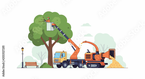 Tree trimming service with specialized equipment in a park setting