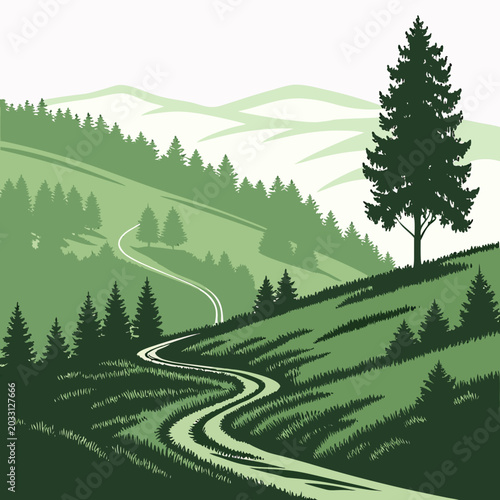 Tableau sur toile Rolling hills landscape with winding path and evergreen trees a vector illustrat