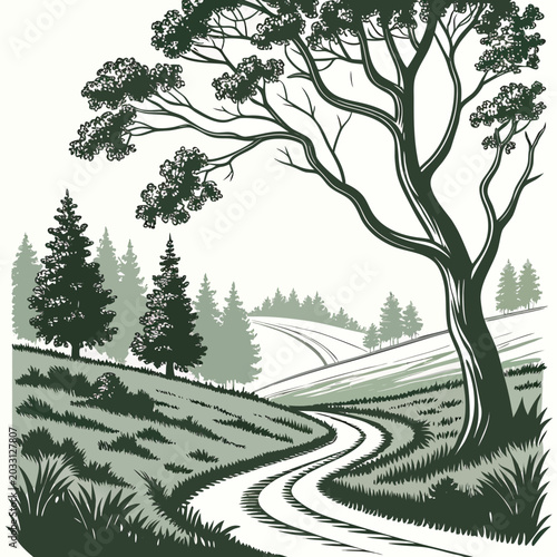 Fotografi Vector landscape with winding path lush trees and rolling hills in shades of gre