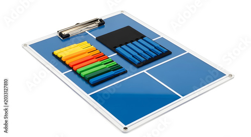 A clipboard with colorful sticky notes and markers on a desk