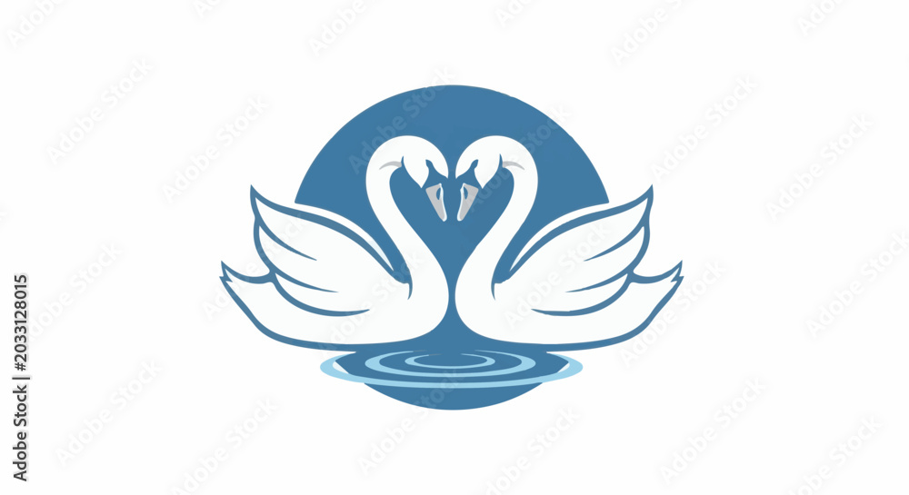 Fototapeta premium Two swans form heart shape with blue circle and water