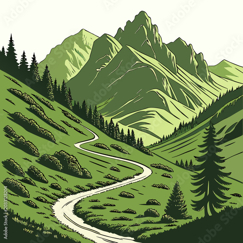 Foto Mountain landscape vector illustration with winding road lush green foliage and