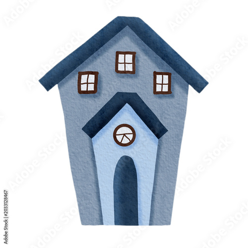 Cute hand-drawn watercolor illustration of a tall blue house with multiple windows