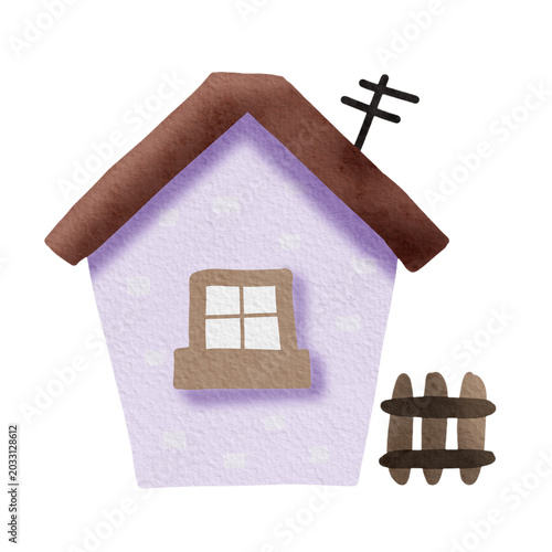 Cute hand-drawn watercolor illustration of a light purple house with a brown roof and antenna